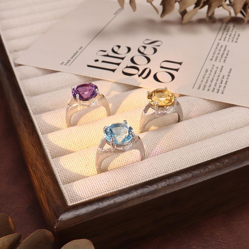 Brushed Craft S925 Sterling Silver Ring High Sense Natural Crystal Women Fine Jewelry