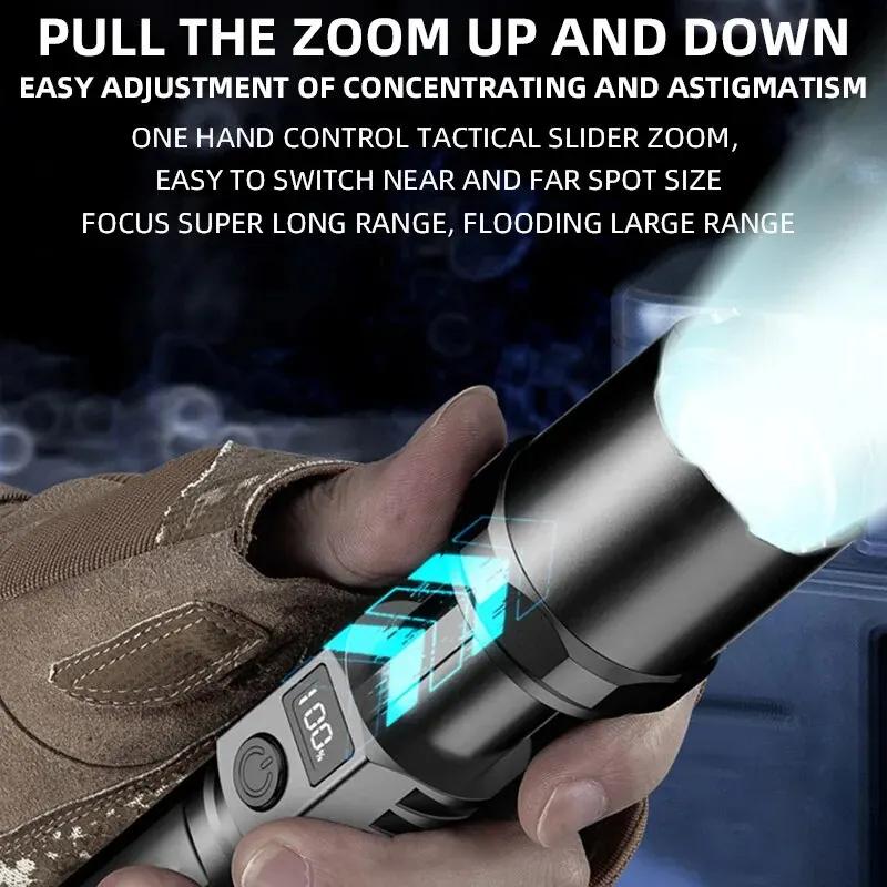 High Strong Power Led Flashlights 180000LM Tactical Torch with Display Light USB Charging Camping Fishing Emergency Zoom Lantern