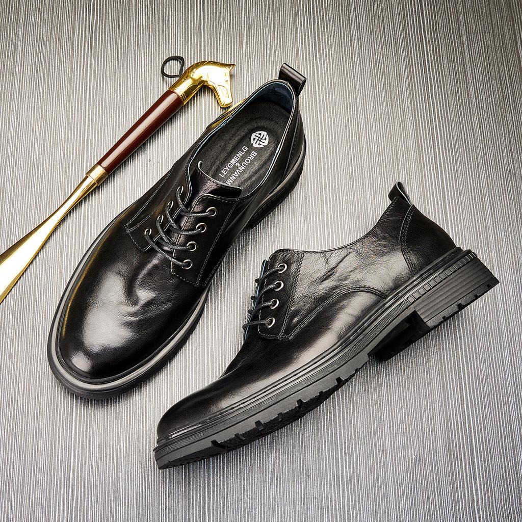 Herren Rundkopf Dicksohlige Weiches Leder Schnürschuhe Low-Top Gürtel Lässig Business Lederschuhe Trendige Mode Kleine Lederschuhe