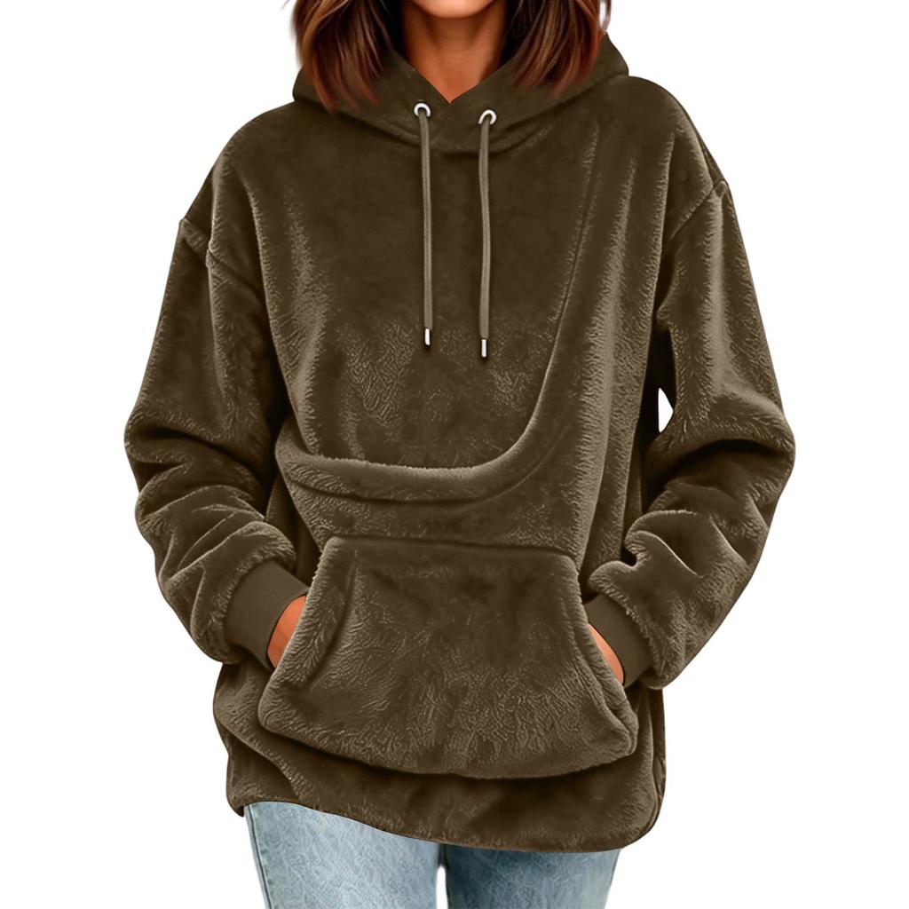 Women's Casual Color Hoodie - Loose Fit Plush Pullover Sweatshirt for Everyday Wear