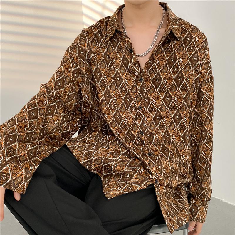 Unisex Thai Vintage Floral Long-Sleeve Shirt, Loose Fit for Street Dance, Spring/Autumn