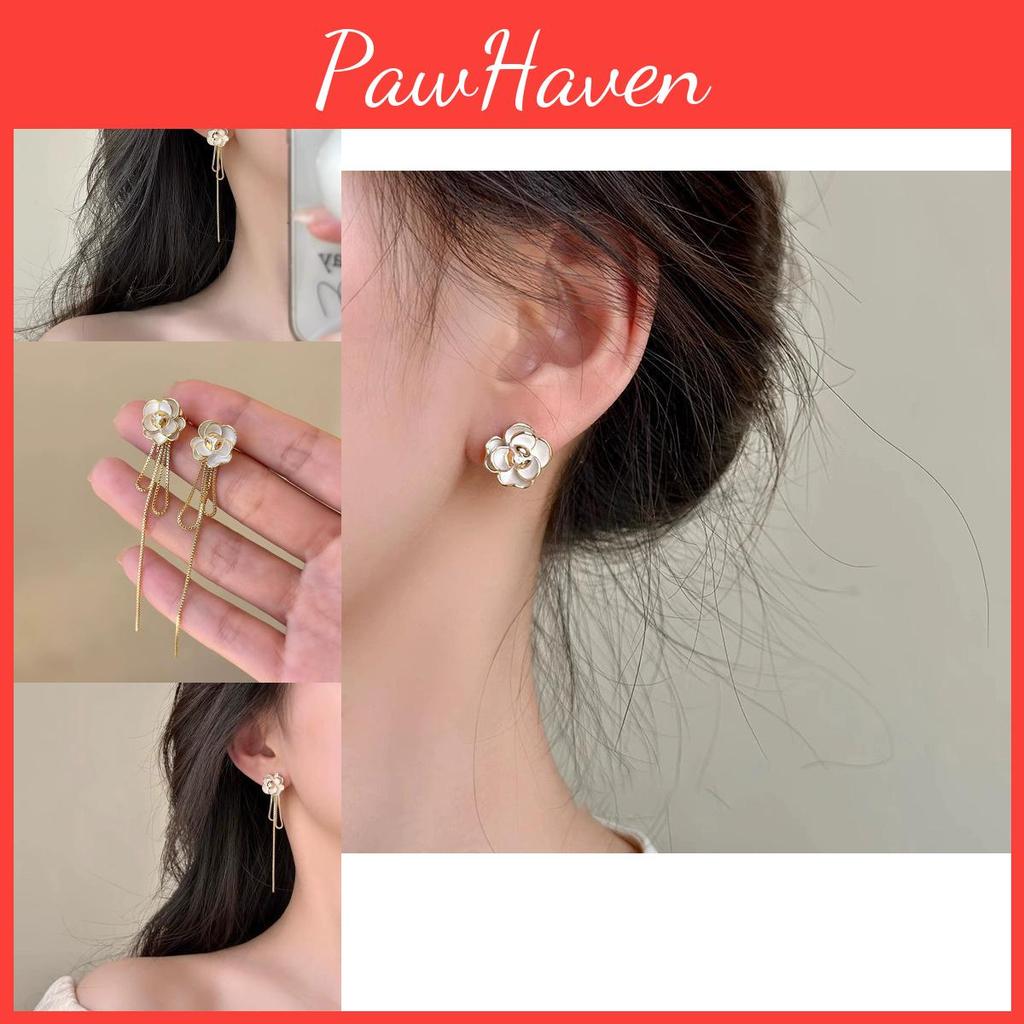 Elegant And Stylish Alloy Camellia Tassel Earrings Long And Slim Ear Thread Women's Fashion Accessories
