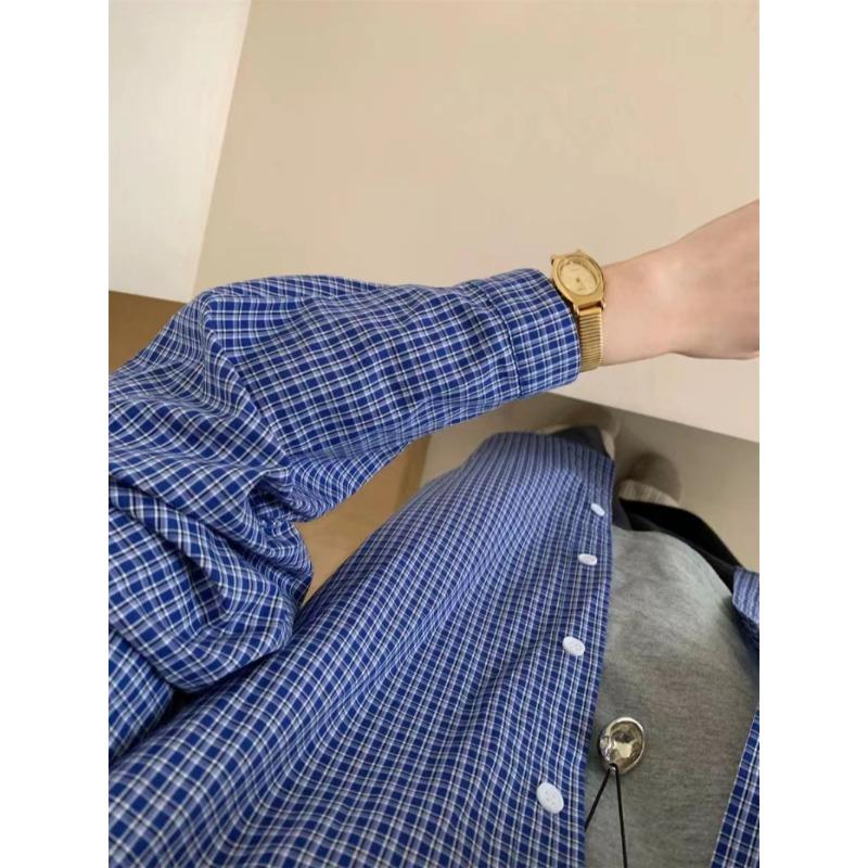 New American Retro Long-sleeved Blue Plaid Shirt Lazy Loose and Thin Versatile Autumn Shirt Top Coat