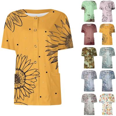 Women's Short Sleeved Patterned Pockets, Work Print Stand Up Collar, Single Breasted Protective Clothing, Cardigan Jacket, Top