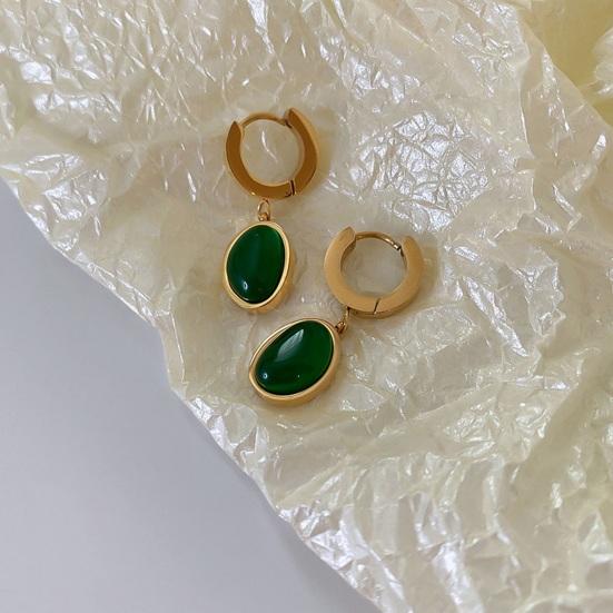 Women Jewelry Set Faux Emerald Decor Polished Snake Bone Chain Necklace Hanging Earrings Bracelet Titanium Steel Formal Occasion Party