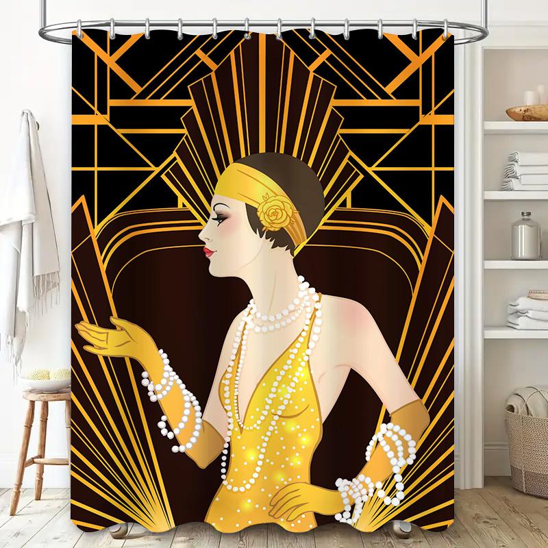 Vintage Art Deco Shower Curtain Luxury Golden Flapper Girl Print Bath Mat Cover Decorative Fabric Home Decoration Waterproof Was