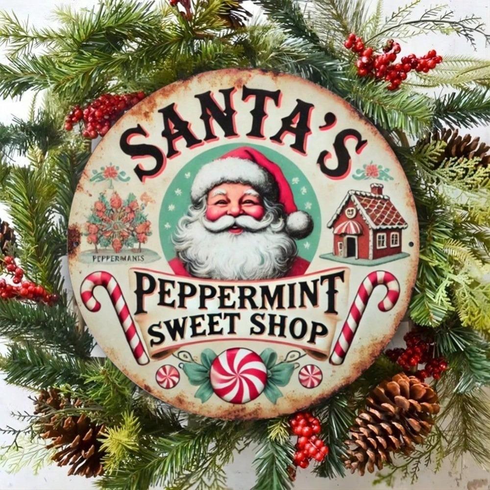 Vintage Santa Claus Candy Store Metal Tin Sign Christmas Wall Decor Holiday Gift