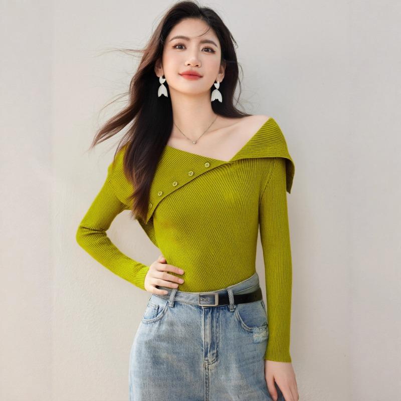 Green Irregular Lapel Off-shoulder Long-sleeved Sweater for Women Autumn and Winter Slim Fit High-end Sweater Light Luxury Top