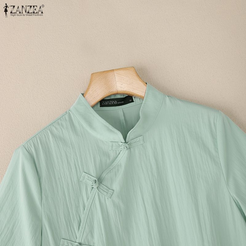 ZANZEA Women Summer Stand Collar Short Sleeve Lace Splice Casual Blouse