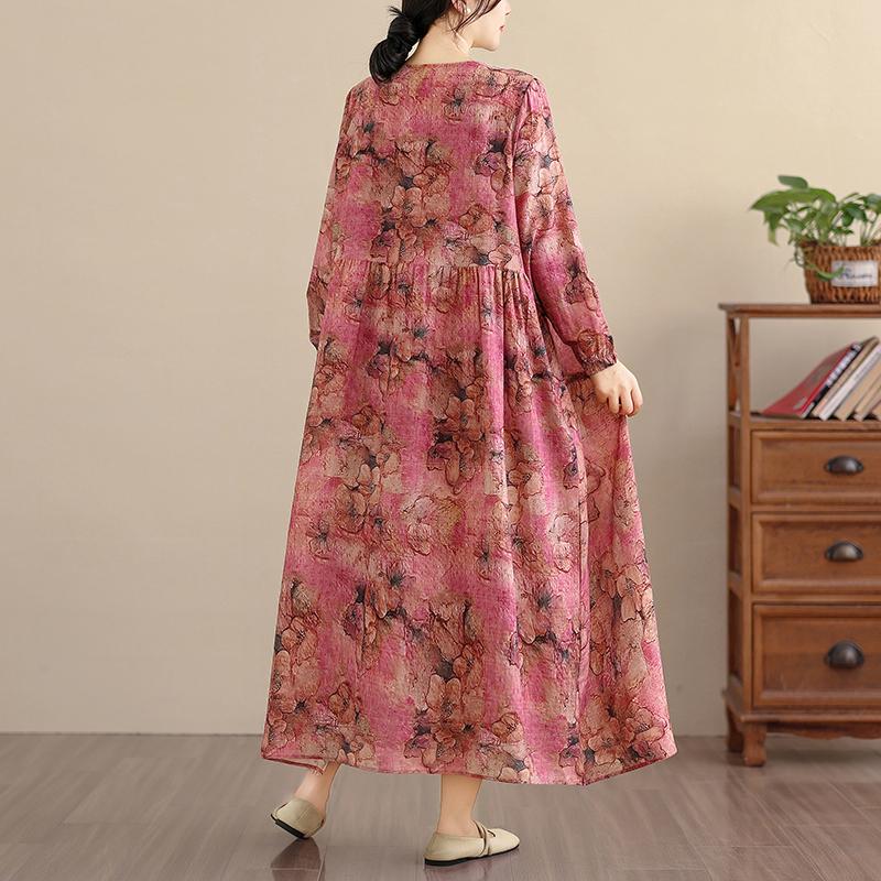 DIMANAF New 2026 Women Plus Size Spring Summer Vintage Long Dress Loose Oversize Long Sleeve Maxi Floral Print