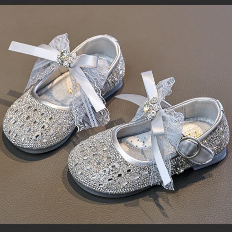 Girls Silver Crystal Princess Leather Shoes Kids Spring Fashion Flat Shoes Children Dress Shoes for Performance