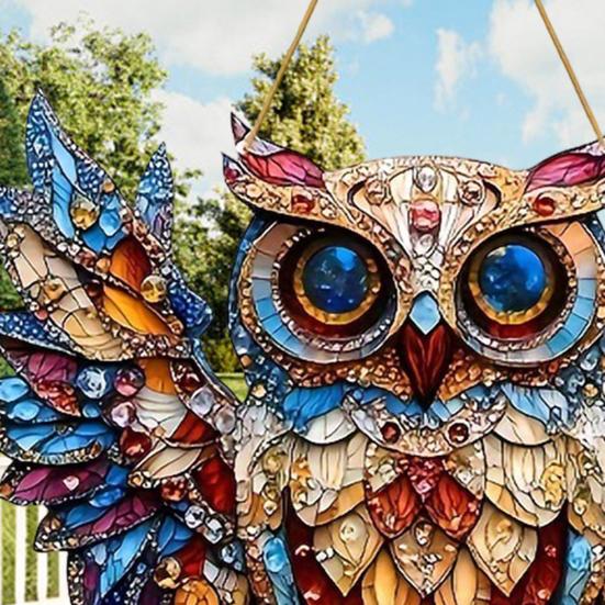 2Pcs Owl Pendant, Waterproof Acrylic Indoor Outdoor Decoration, 2D Printing Stained Glass Style Colorful Light Effect Owl Ornament with Lanyard