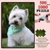500/1000pcs Puzzle Game (White Plush Puppy with Blue Turtle Pattern Scarf Sitting on Green Grass with Blurred Greenery Background) Suitable for Living