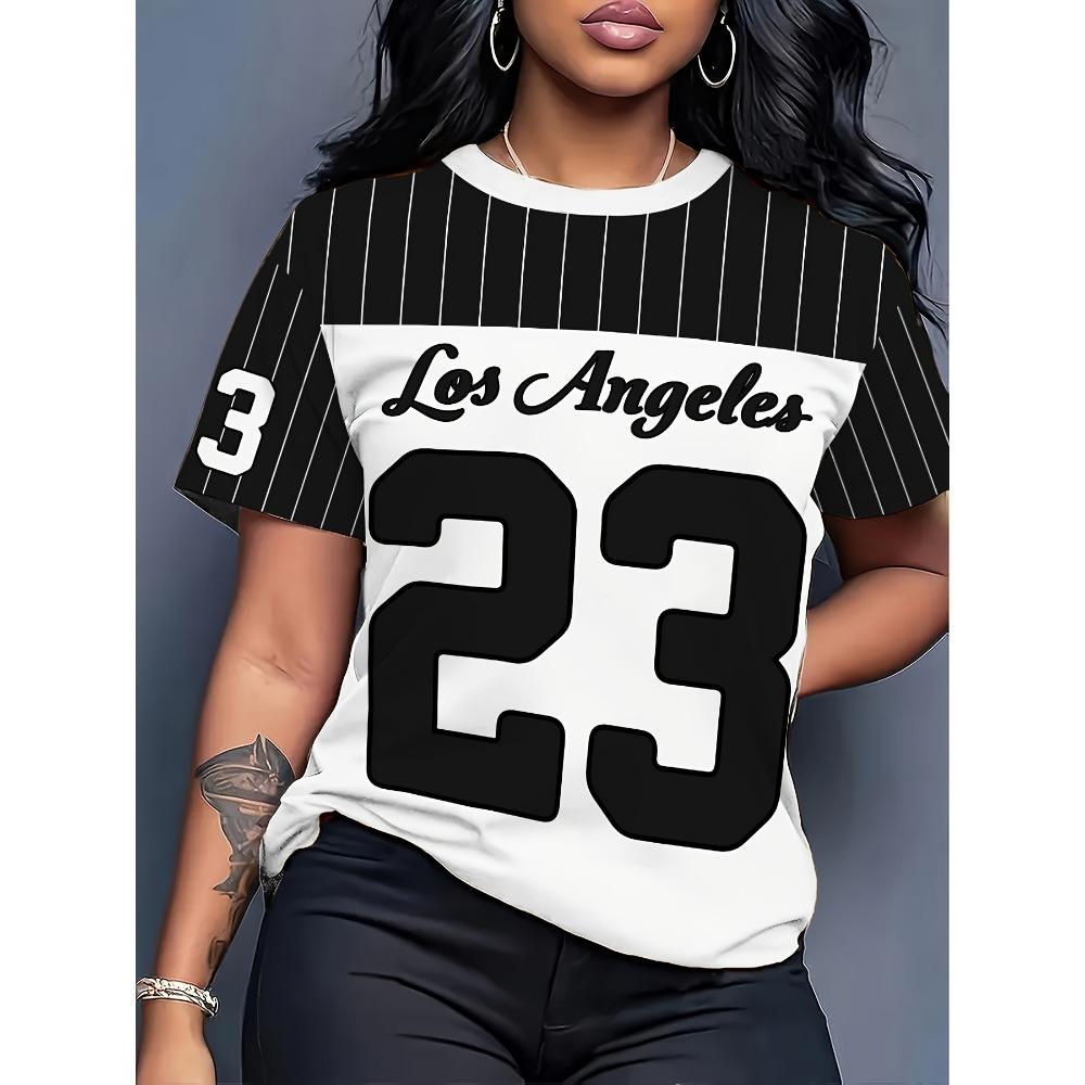 

Printed striped T-shirt - Casual short-sleeved crew neck top, summer theme T-shirt 5XL