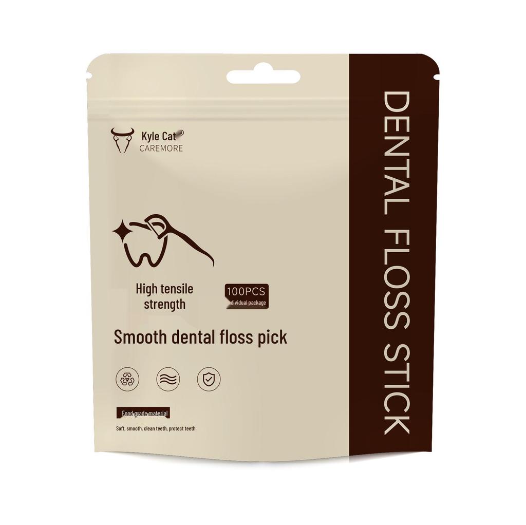 Individually packaged dental floss sticks, 100 pieces per pack.