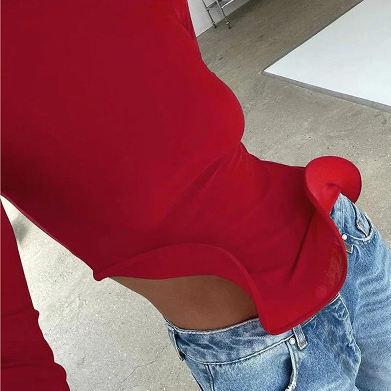

Узкие футболки с длинным рукавом и оборками, женские модные лоскутные однотонные асимметричные футболки, женские модные футболки 2024 года Y2k, однотонный топ для женщин L красный