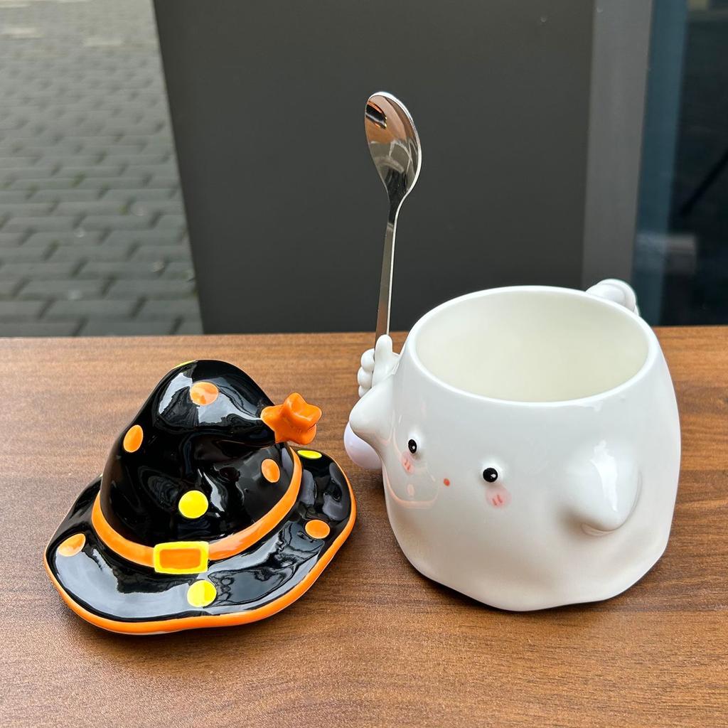 Cute Ghost Mug with Lid for Boys Ceramic Water Cup for Girls Practical Creative Cup for Teachers' Day Birthday Gift