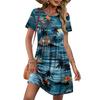 Women Short Sleeve Floral Print Crew Neck Casual Waist Tie Dress with Pockets Lightweight Relaxed Fit Summer Dress