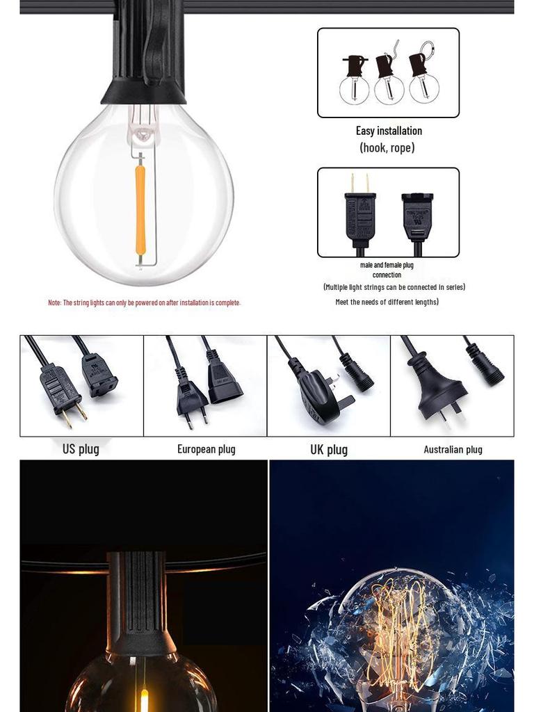 LED G40 Globe String Lights for Outdoor Camping Tent & Night Market Decor, 220V