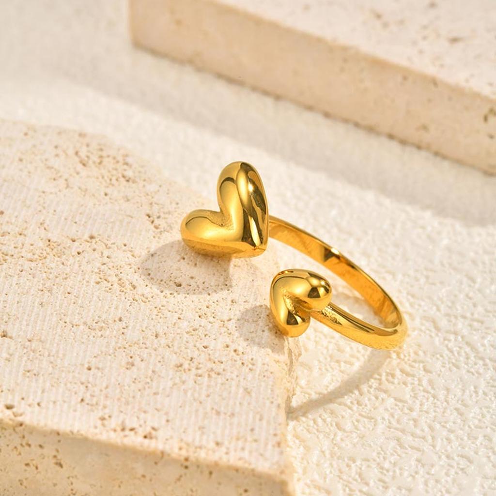 Open Adjustable Butterfly Heart Ring for Women, Hypoallergenic Stainless Steel Gold Color Aesthetic Fashion Jewellry Accessories