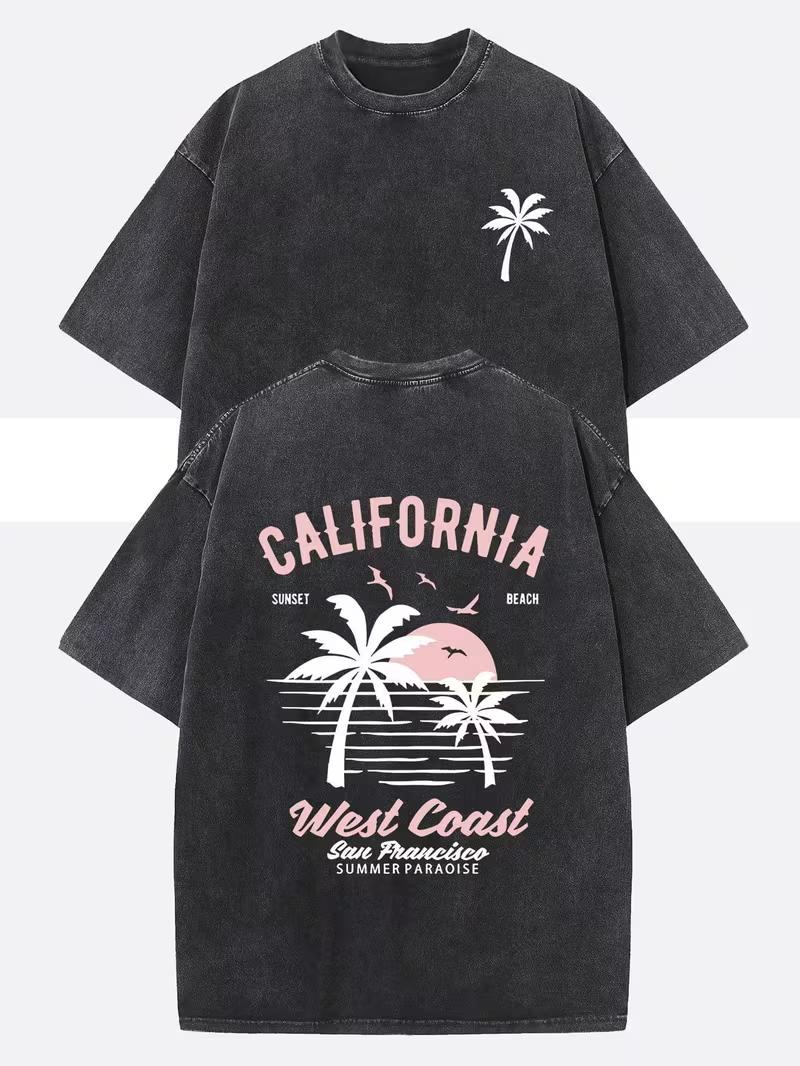 

Vintage California West Coast Sunset Beach TShirt Retro Summer YK Streetwear Tee Casual Loose Fit Short Sleeve for Men Women S