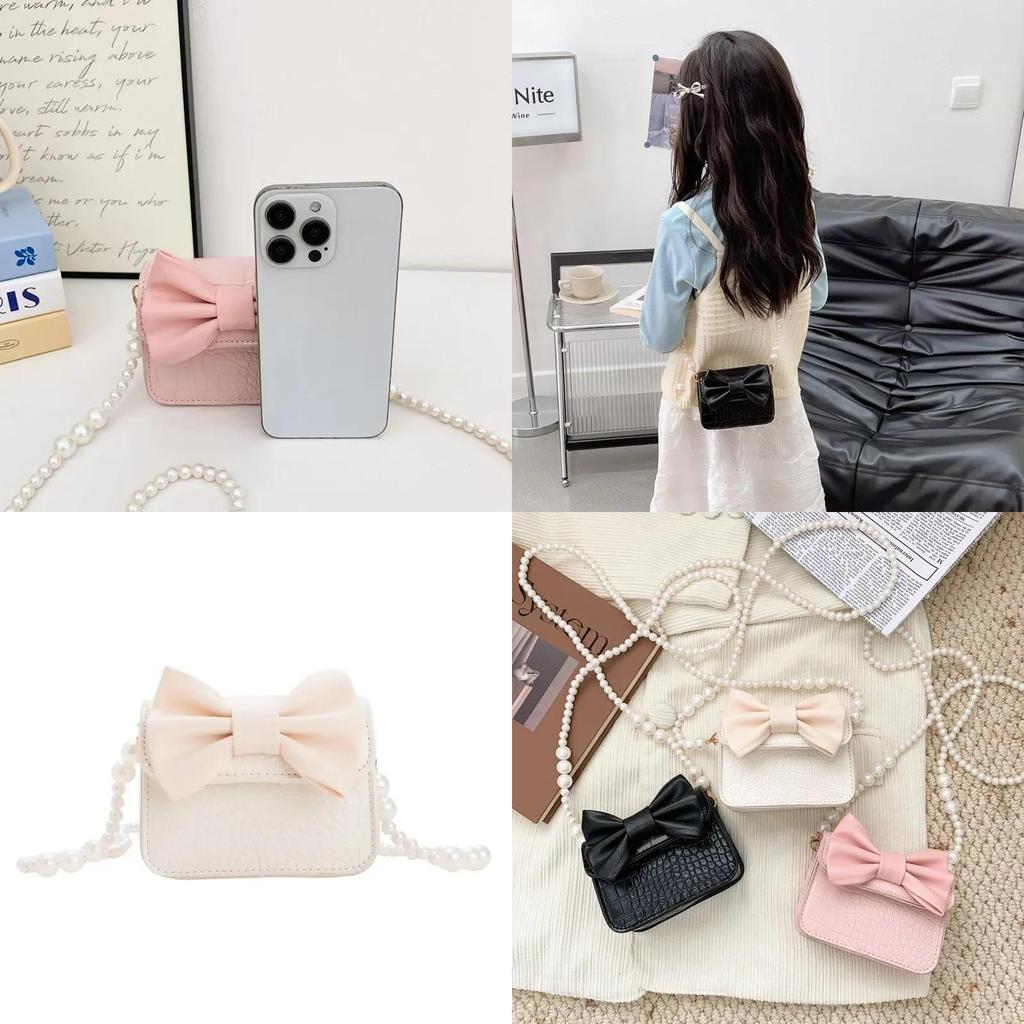 Childrens Butterfly Bow Mini Purse With Pearl Chain For Daily Use