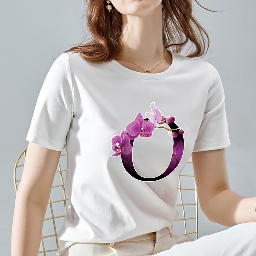 O Neck White Top Women 2022 Summer Casual T Shirt Basic Flower Color Letter Name Pattern Print Short Sleeve Tops Ladies Clothes