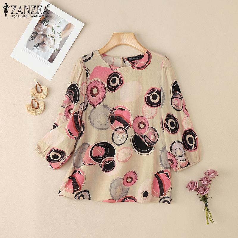 ZANZEA Dame Casual Rund Hals 3/4 Erme Løs Print Bluse