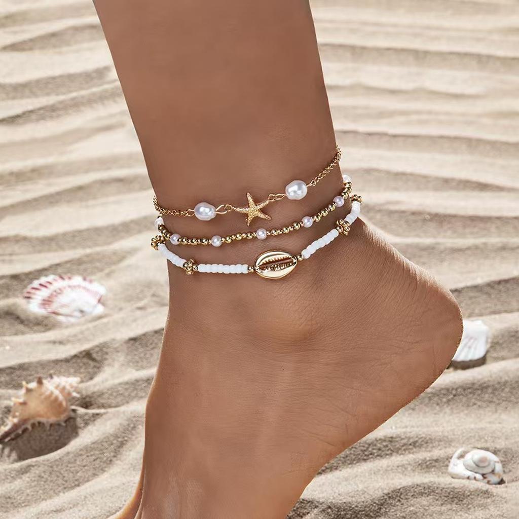 Fashion Bohemian Starfish Shell Design Anklet Set for Women Summer Ocean Element Multi-Layer Faux Pearl Anklets Beach Jewelry