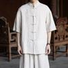 Nový pánský letní top v čínském stylu, lněná košile Tang, s knoflíky ve tvaru žáby, krátký rukáv, volný, prodyšný, tradiční orientální, ležérní