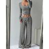 Women's Loose Fit Two Piece Outfit Set Long Sleeve Square Neck Crop Top Drawstring Waist Wide Leg Striped Tracksuit Loungewear