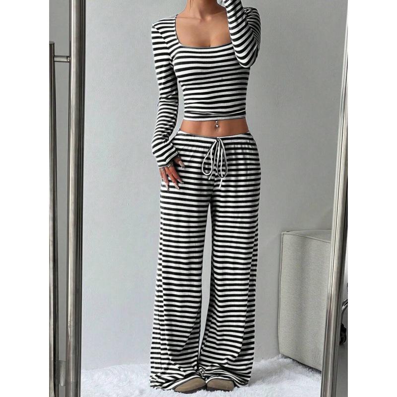 Women's Loose Fit Two Piece Outfit Set Long Sleeve Square Neck Crop Top Drawstring Waist Wide Leg Striped Tracksuit Loungewear