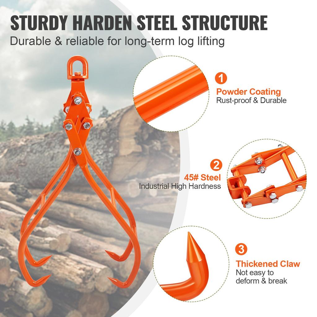 VEVOR Timber Claw Hook, 36 Inch 4 Claw Log Grapple for Logging Tongs, Swivel Steel Log Lifting Tongs