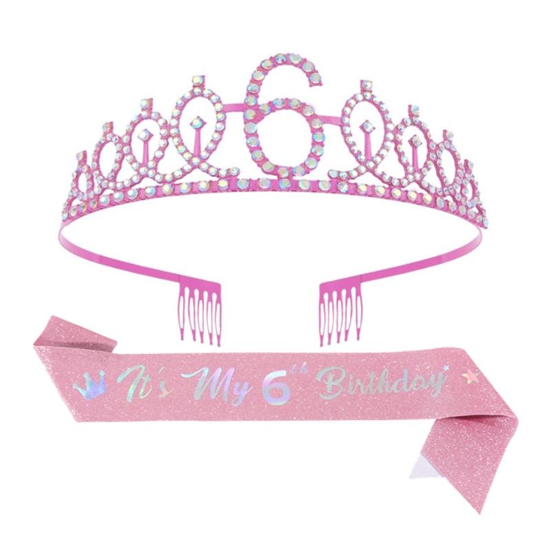 Birthday Princesses Tiaras Set With Rhinestones Crowns Sash Hair Accessory For Girls Party Celebration