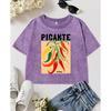 Picante Chillies Print Women Washed Slim T-Shirt Summer Casual Short Sleeve Cotton T Shirts Soft Hip Hop Top