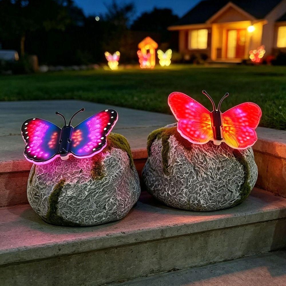ABS Solar Butterfly Stone Lamp Simulation Stone LED Lawn Light Outdoor Garden Decor