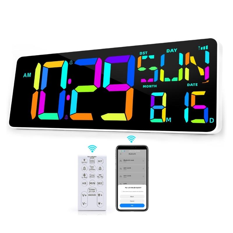 Multifunctional LED Digital Wall Clock 13inch with Remote Controls, Big Screen for Easy Viewing, Temperature and Date