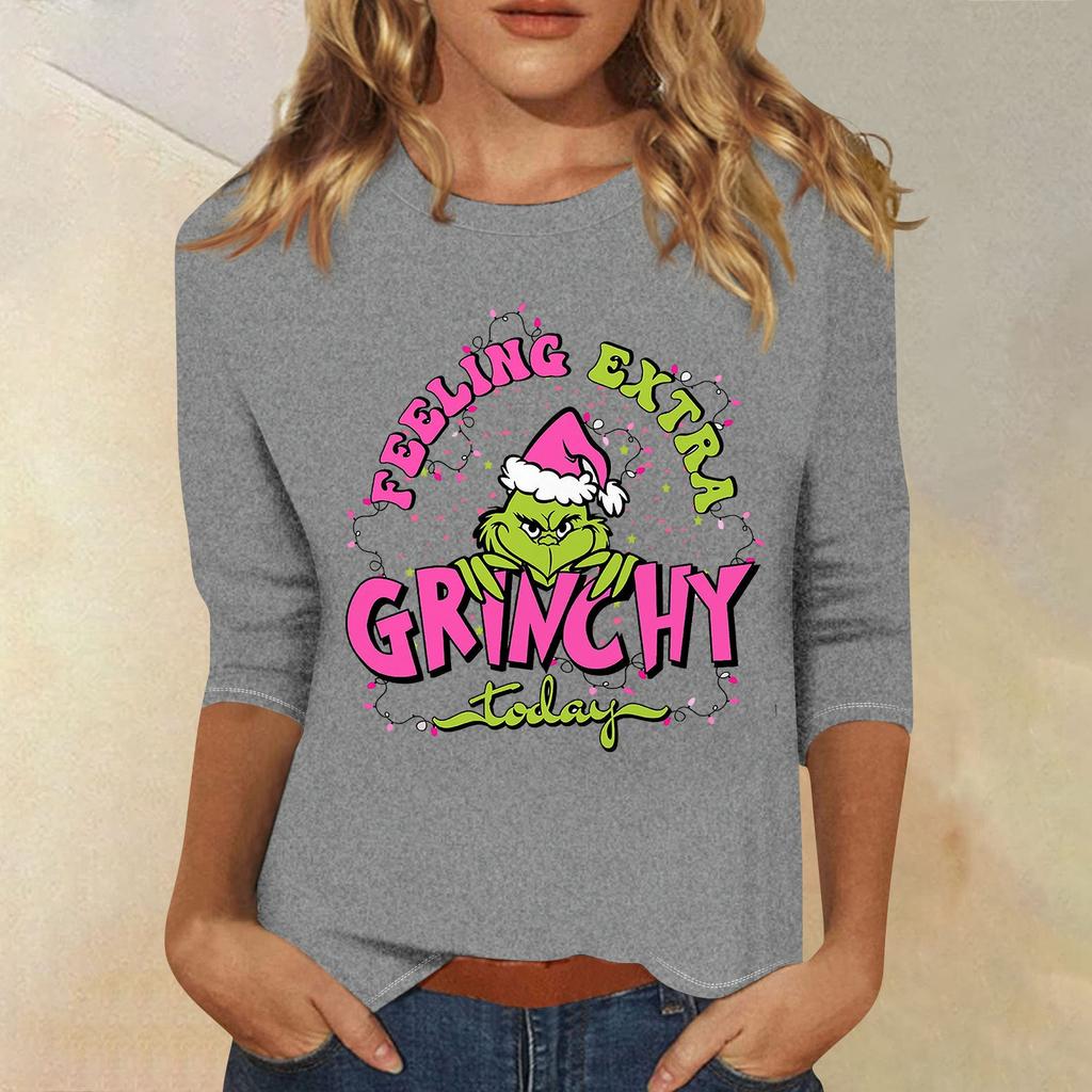 3/4 Sleeve Tops For Women T-Shirt Casual Christmas Print Tops T Shirt Round Neck Pullover Blouse