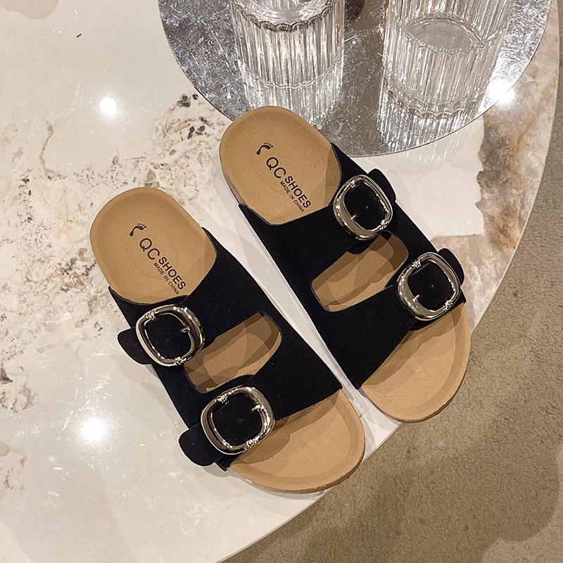 

Fashion Luxury Designer Summer Buckle Cork Slippers for Women Roman Outdoor Casual Sandals Suede Mules Clogs Shoes Slides 35