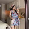 Retro fungus edge floral dress suspender dress women's summer loose and thin seaside vacation wind sweet short skirt