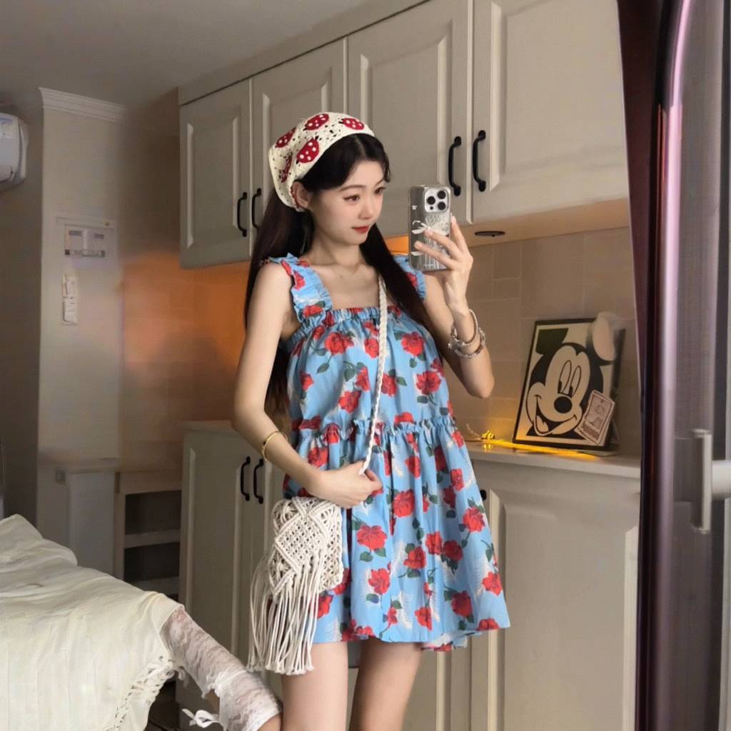 Retro fungus edge floral dress suspender dress women's summer loose and thin seaside vacation wind sweet short skirt