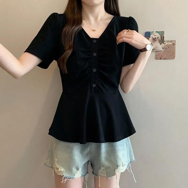 Women's White V Neck Front Ruched Button Short Sleeve Peplum Hem Blouse