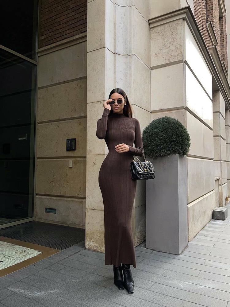 Autumn/Winter High Neck Bodycon Knitted Sweater Dress - European American Style