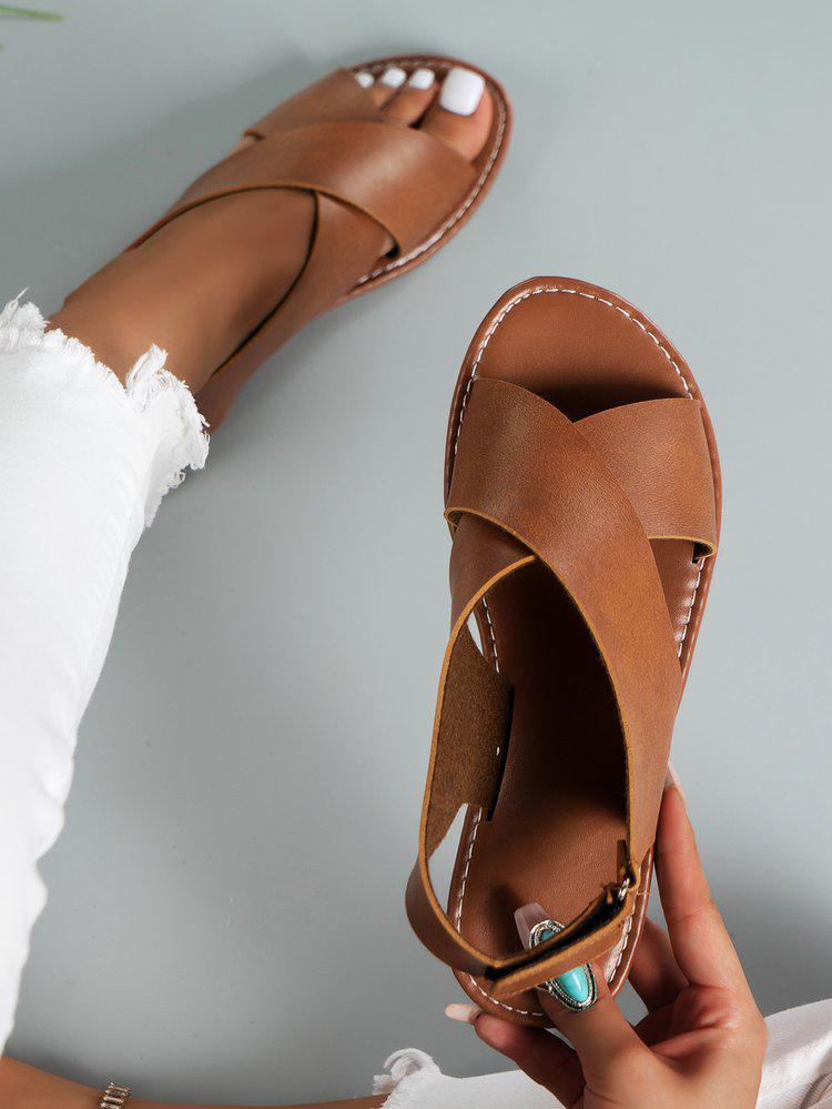 Women's Retro Wide Stripe Cross Strap Flat Sandals - European & American Style Open Toe Beach Sandals