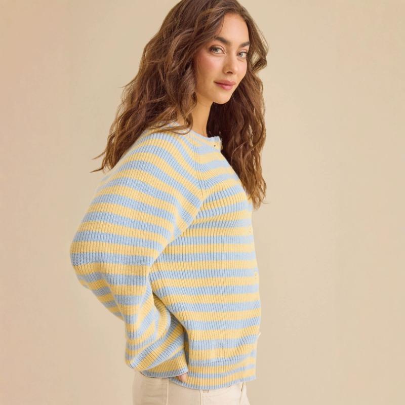 Women S Striped Crew Neck Loose Long Sleeve Knit Cardigan