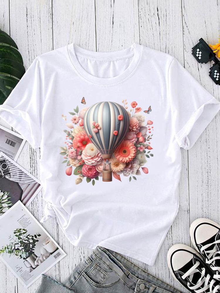 (Asian Size) O-neck Short Sleeve T-shirts Fashion Female Casual Clothing love heart flower Women's Top T shirt Printed Graphic Tee