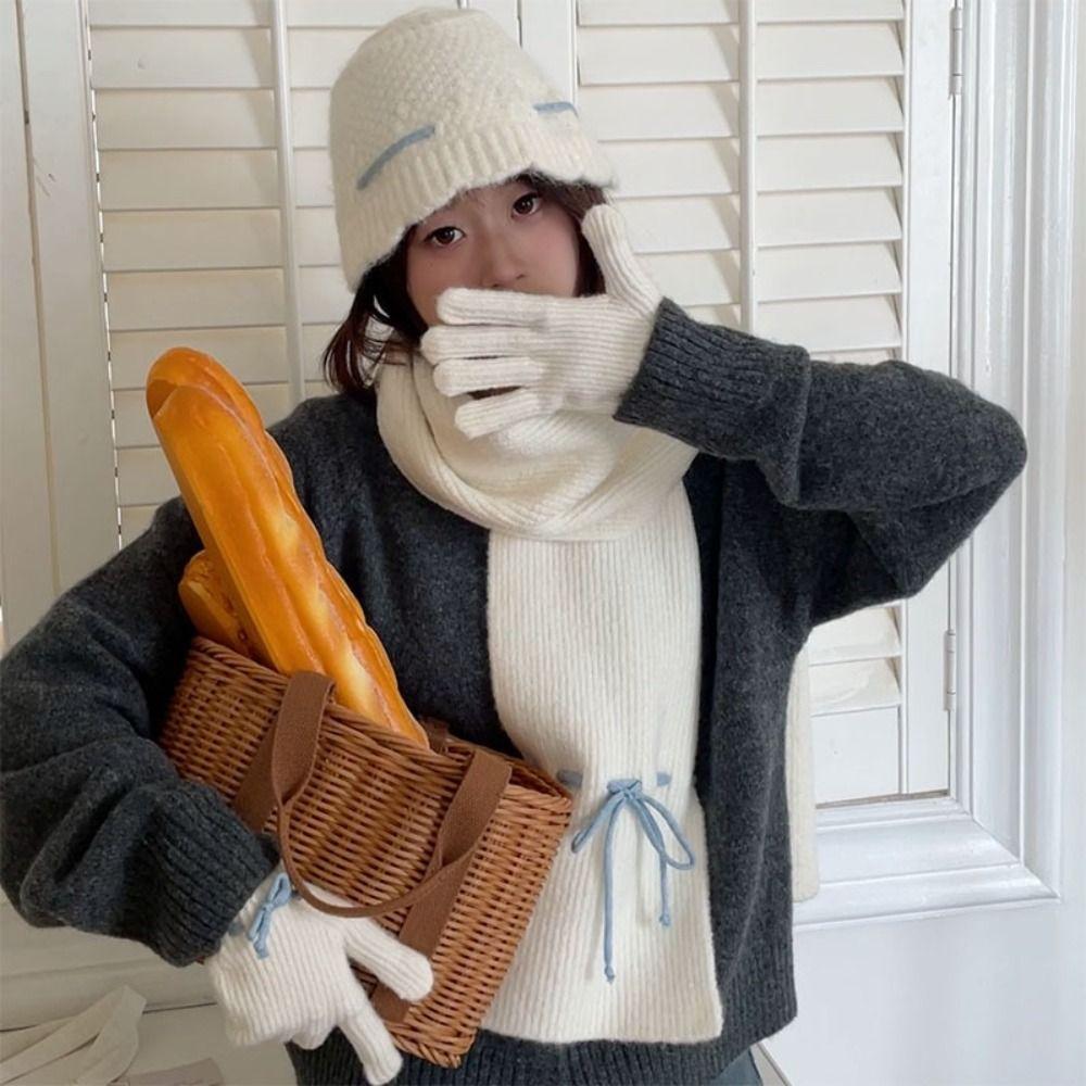Cute Bow Drawstring Hat Warm Winter Gloves Cartoon Wool Bowknot Scarf  Outdoor