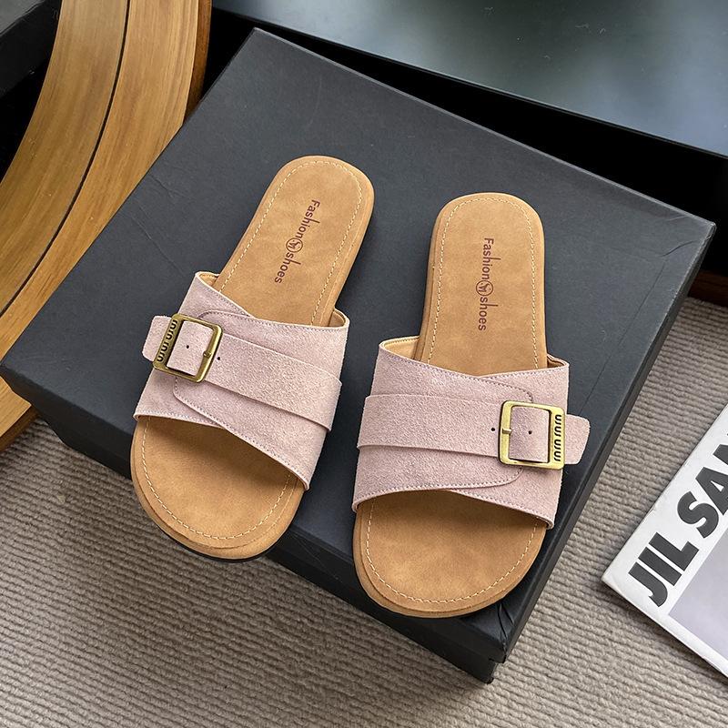 2025 Retro Women's Sandals Soft-soled Non-slip Wear-resistant Flat Shoes Fashion Metal Buckle Outdoor Comfortable Beach Shoes