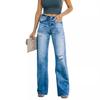 Autumn Casual Wide-leg Pants Mid-waist Washing Water Ripped Women's Denim Trousers