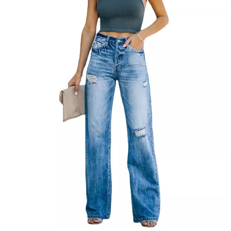 Autumn Casual Wide-leg Pants Mid-waist Washing Water Ripped Women's Denim Trousers